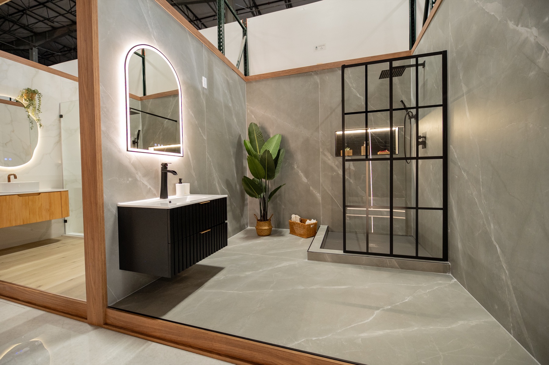 Finished gray tile bathroom display in the RILCO USA showroom
