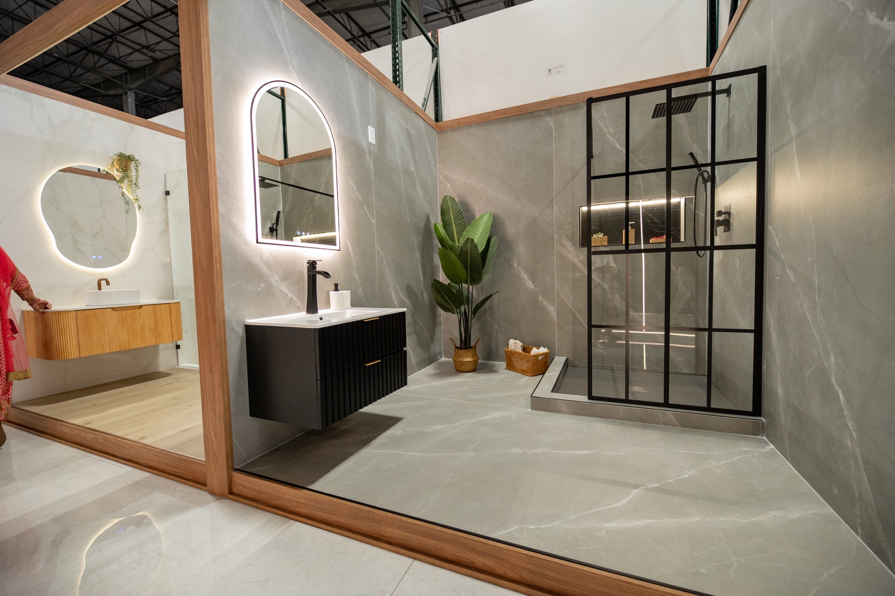 Wide gray tile bathroom showroom display