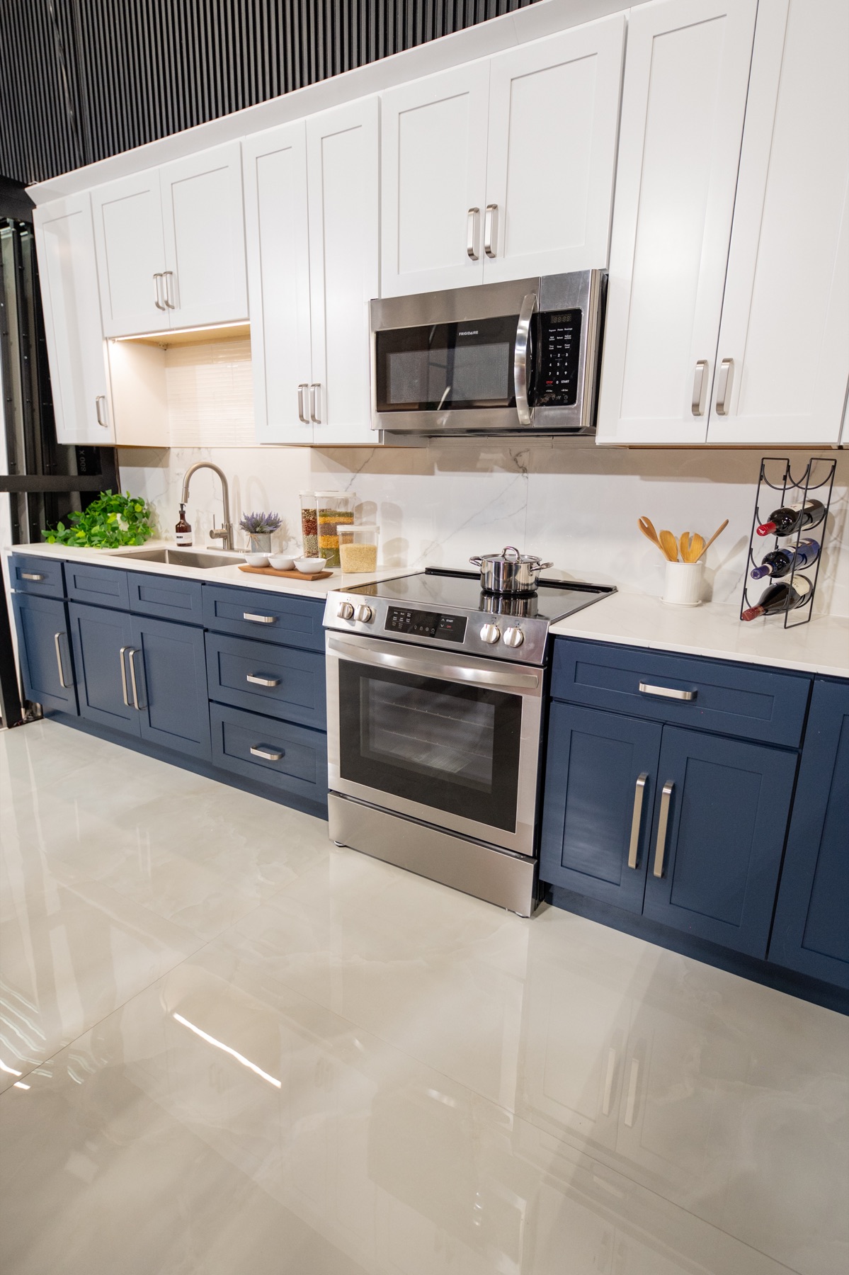 Blue and white showroom kitchen setting